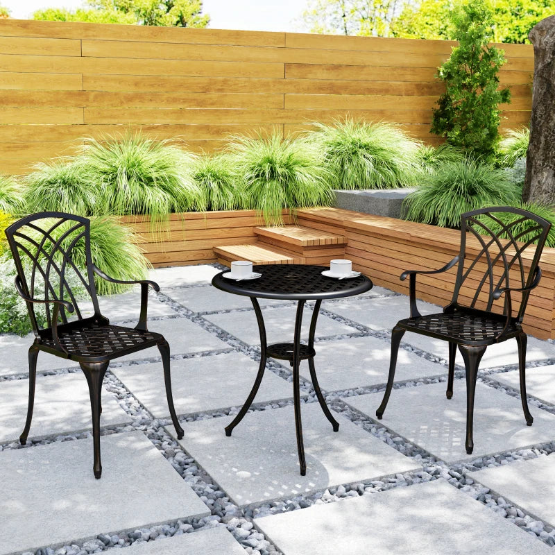 3 Pieces Bronze Tone Garden Dining Set for 2 - Cast Aluminium Outdoor Dining Set with 2 Armchairs and Round Table with Parasol Hole