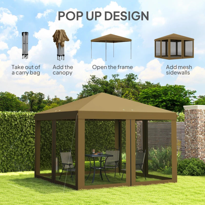 3m x 3m Khaki Pop Up Gazebo - 420D Garden Tent Canopy with Removable Mesh Sidewall Netting & Carry Bag for Outdoor Patio