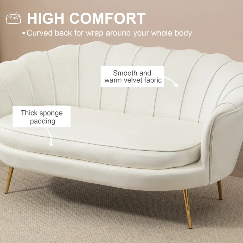 Modern Velvet Loveseat Sofa with Petal Backrest and Gold Legs for Living Room and Bedroom, Cream Colour