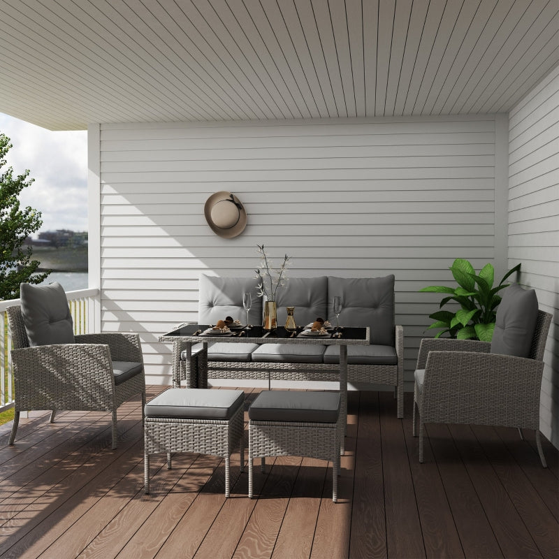 5-Seater Grey Rattan Garden Furniture Set - 2 Armchairs, 3-Seater Wicker Sofa, 2 Footstools & Glass Table - 6 Piece Patio Sofa Set with Cushions for Conservatory