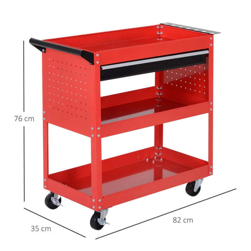 Red 3-Tier Tool Trolley with Drawer for Garage, Workshop