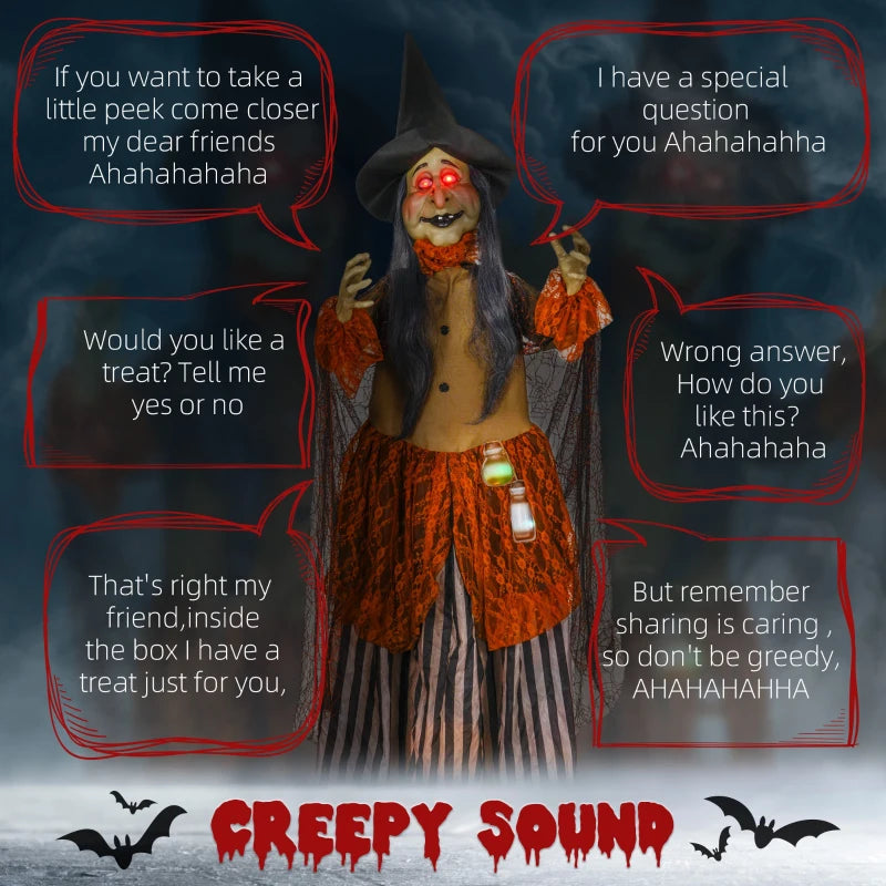 183 cm Life Size Animated Witch with Red Eyes - Scary Halloween Decoration, Sound Activated, Moving Arms & Head, Battery Operated