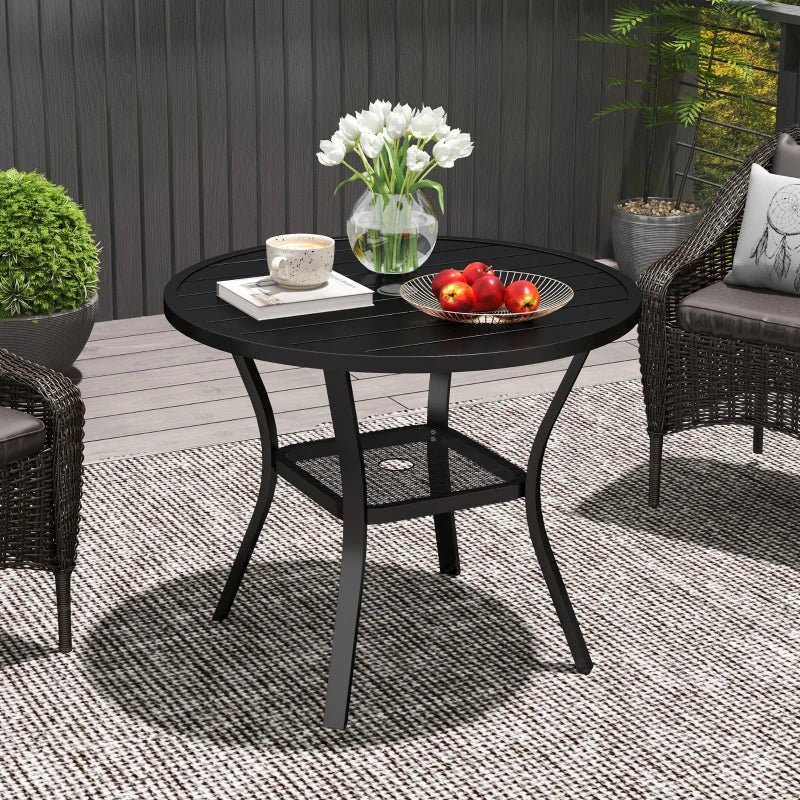 90 cm Round Black Garden Dining Table with 4-5 cm Parasol Hole, Steel Slatted Top and Wire Shelf for Outdoor Balcony and Porch