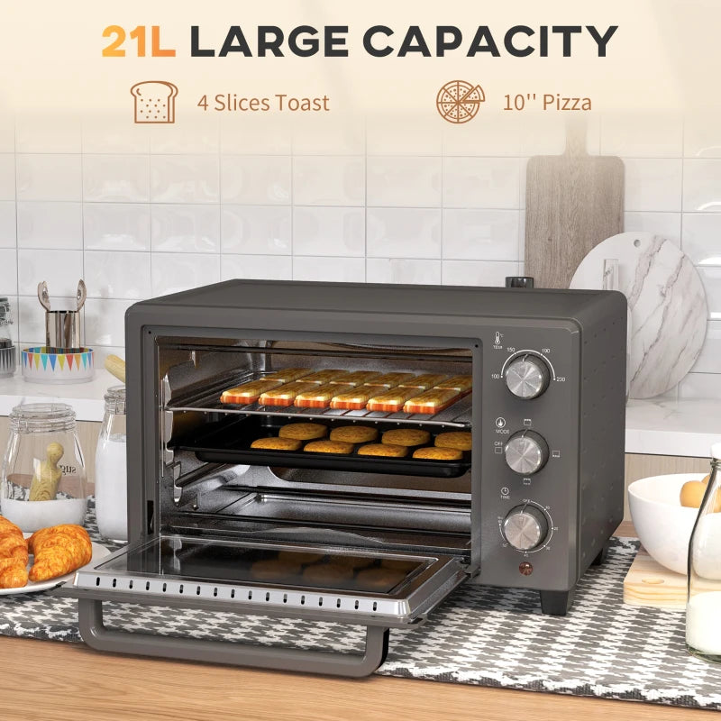 21L Mini Countertop Oven - Adjustable Temperature 100°C-230°C, Compact Grey Design for Efficient Cooking