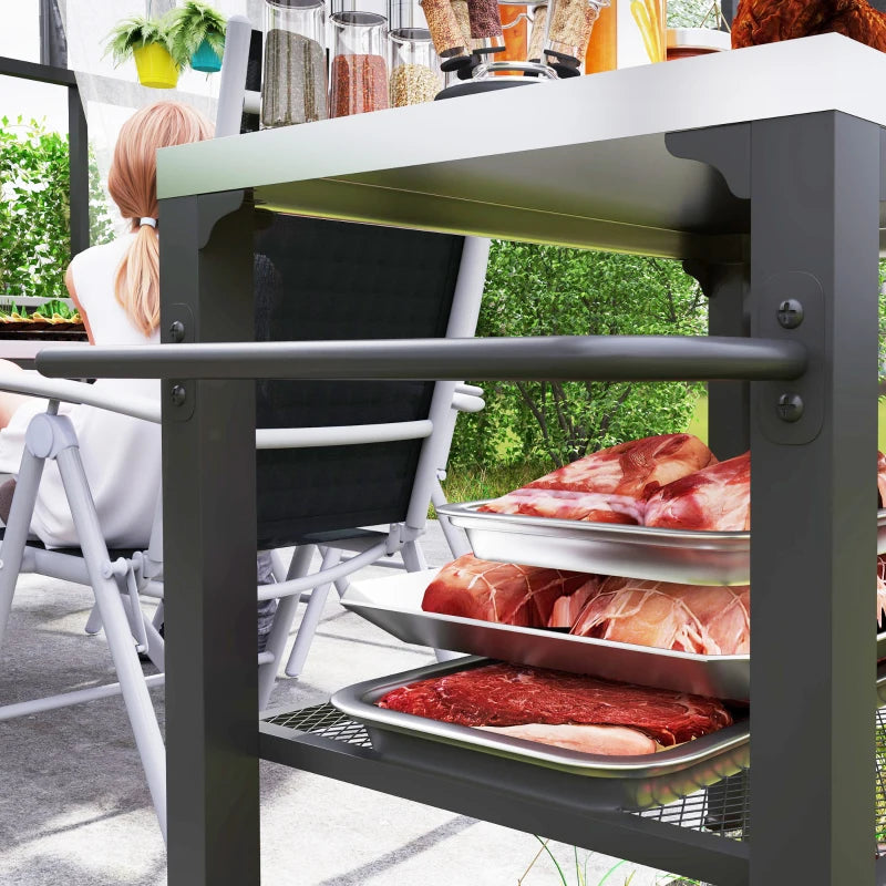 Three-Shelf Outdoor Grill Cart with Stainless Steel Top & Wheels - Movable BBQ Kitchen Island with Hooks, 65.5x41x79 cm