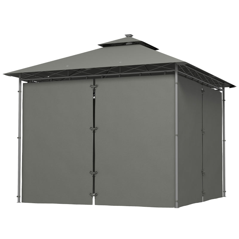 3 x 3 m Dark Grey Garden Gazebo with Double Roof, Curtains & Solar-Powered LED Lights - Outdoor Canopy Shelter for Patio & Deck
