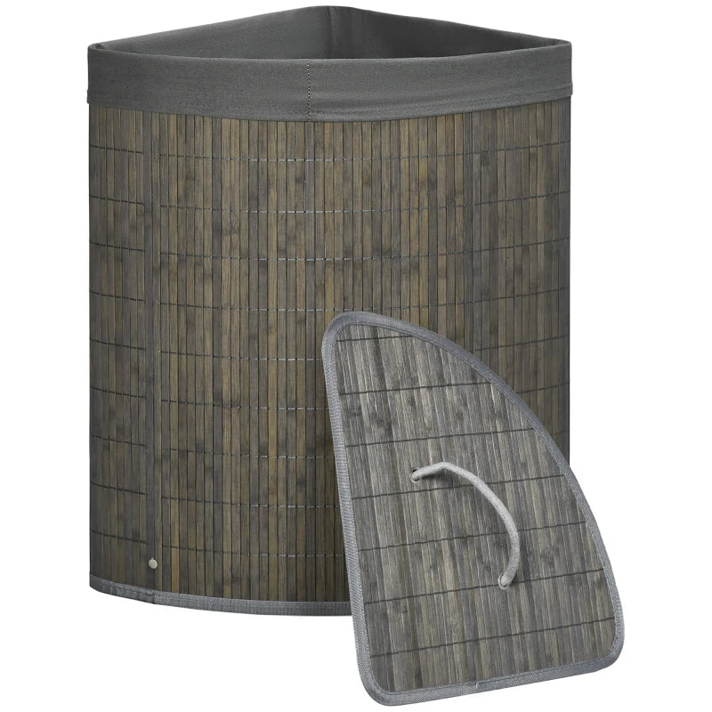 Stylish Grey Bamboo Laundry Basket with Lid - 55L Hamper, Removable Washable Lining, Perfect Corner Storage, 38x38x57cm
