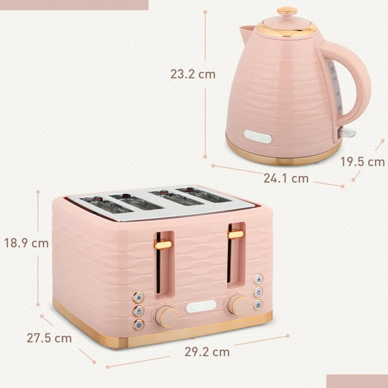 Light Pink 3000W Kettle & 4 Slice Toaster Set - 1.7L Capacity, 7 Browning Controls, Easy Clean Crumb Tray