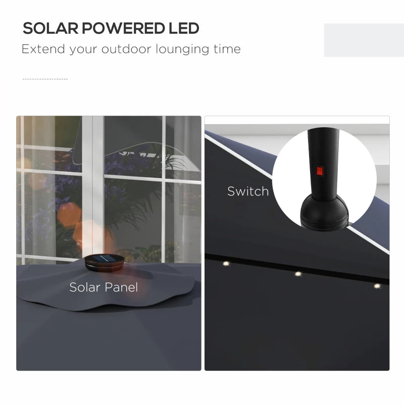 Dark Grey Solar LED Patio Umbrella, 3x3m, Tilt & Crank, Outdoor Market Parasol