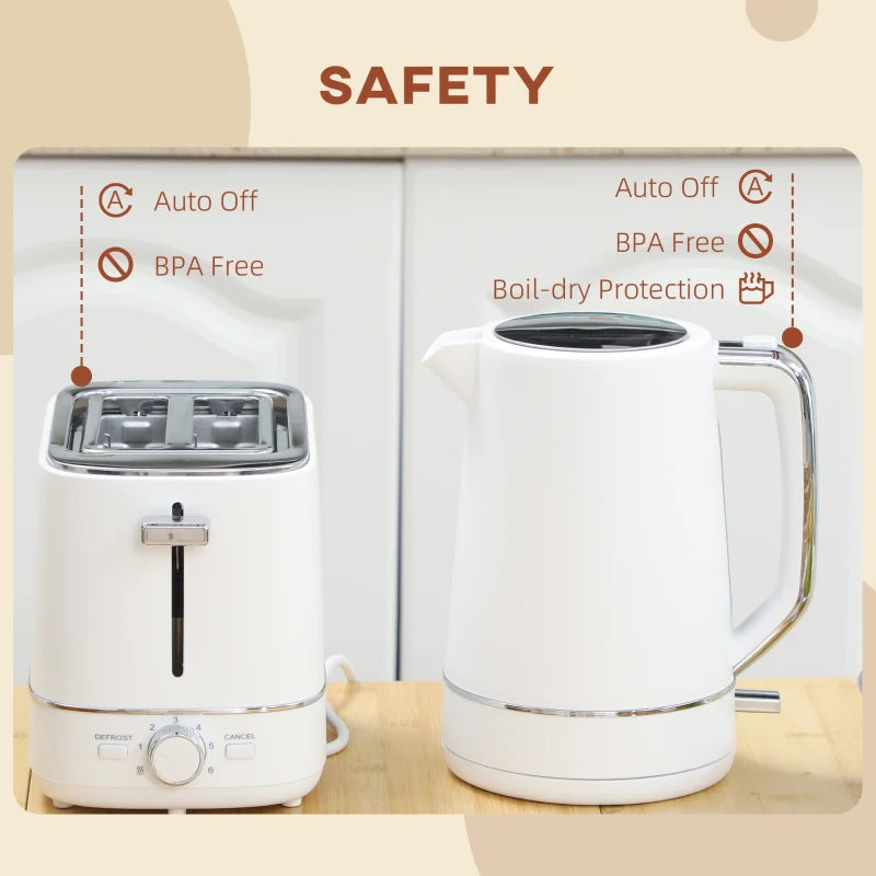 Premium 1.7L Fast Boil Kettle & 2-Slice Toaster Set - 3000W, 6 Browning Levels, Defrost & Reheat, Stylish White Kitchen Essentials