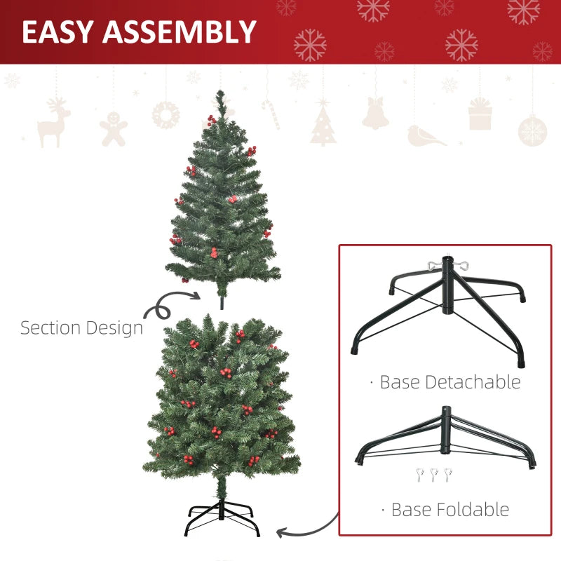5FT Prelit Artificial Pencil Christmas Tree with Warm White LED Lights & Red Berries - Festive Holiday Home Decoration