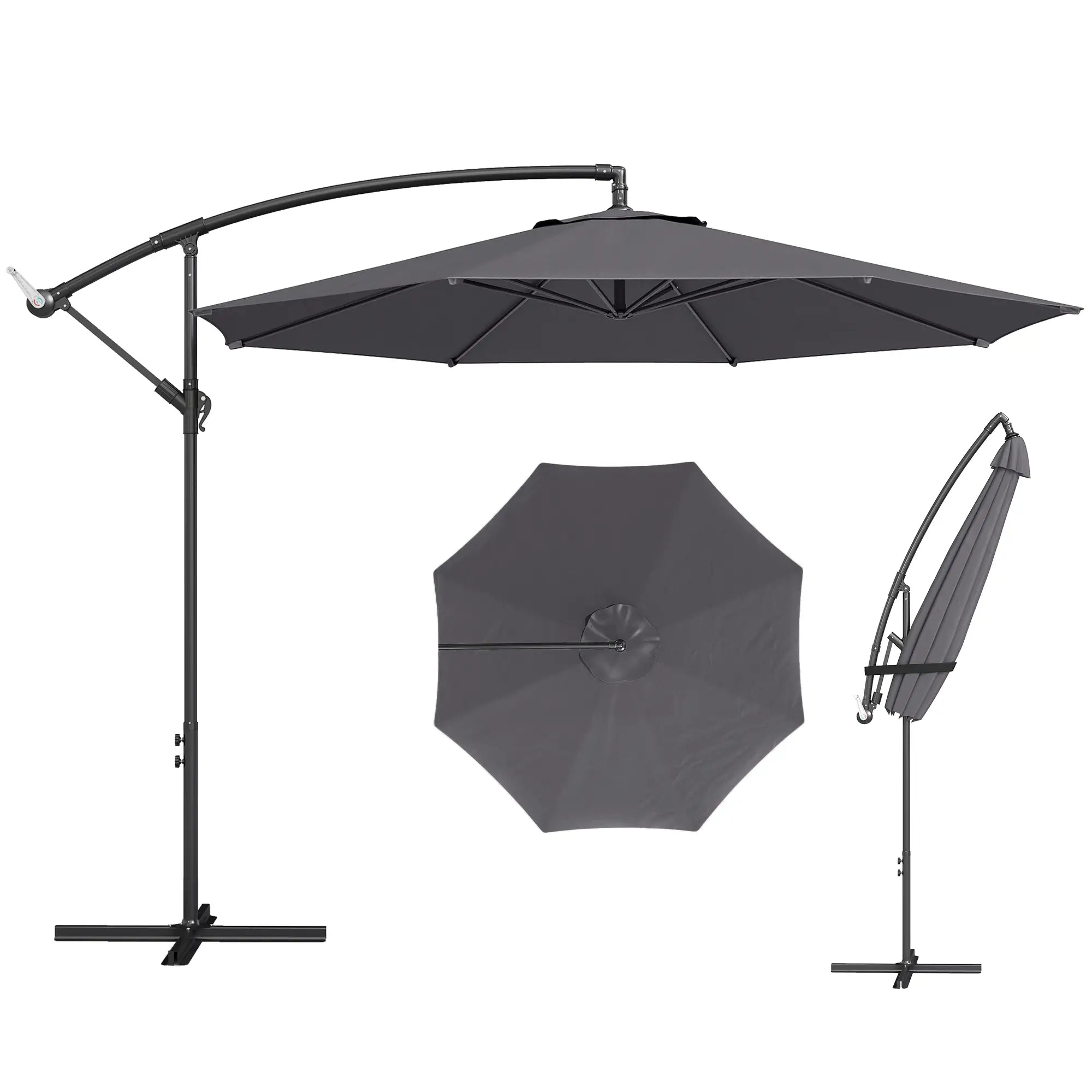 3m Overhang Cantilever Garden Parasol with Steel Frame, 8-Rib Support & Cross Base – Easy Crank Shade Umbrella (Grey)