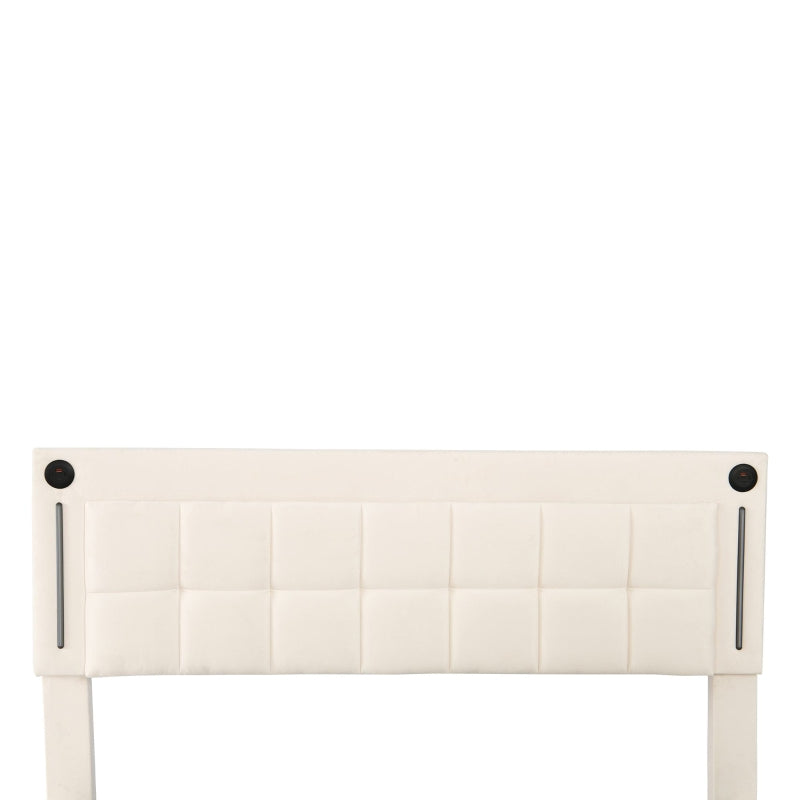 King Size LED Hydraulic Bed with Charging Station Adjustable Tufted Headboard Space Saving Design Beige