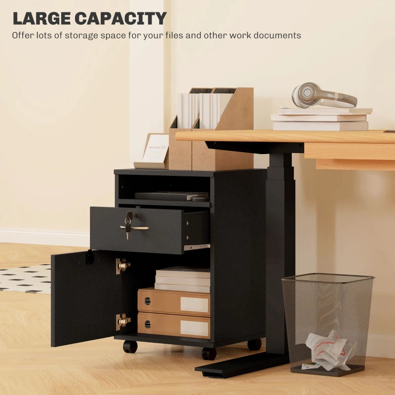 60cm Mobile Filing Cabinet with Drawer & Open Shelf, 4 Wheels, Metal Handles, 2 Locks - Black Office Organizer