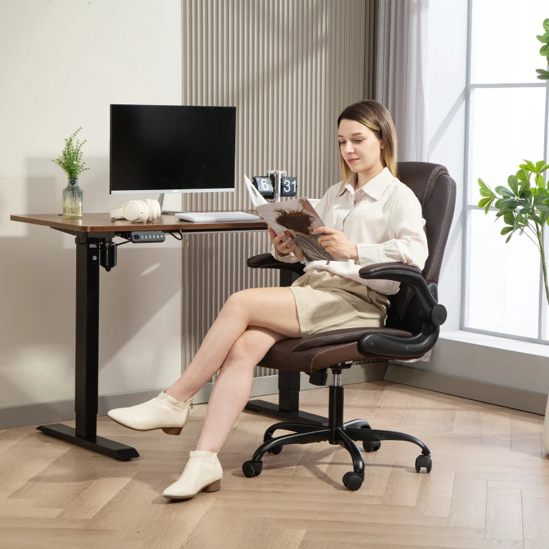 Stylish Brown Faux Leather Office Chair with Flip-Up Armrests - Ergonomic Design for Comfort and Productivity