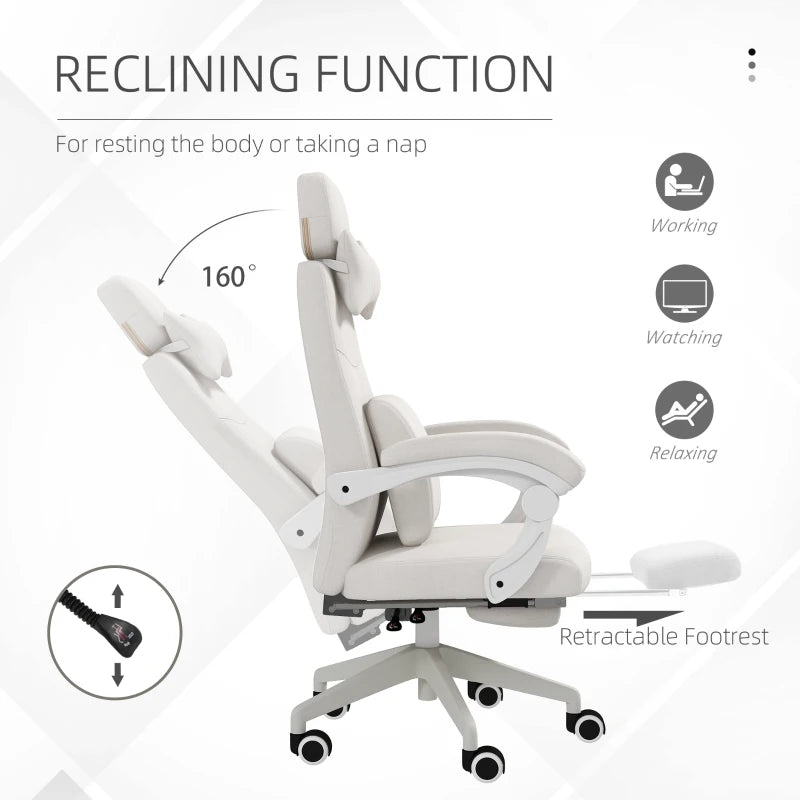Vinsetto White Linen-Look Office Chair with 160° Reclining Back and Footrest - Ergonomic Comfort for Home & Office