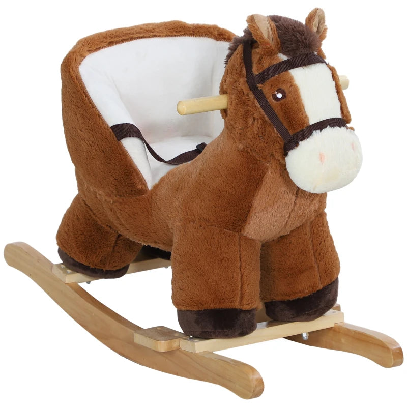 Plush Rocking Horse for Kids with Sound Wooden Base Ride On Toy for Ages 18 to 36 Months Brown