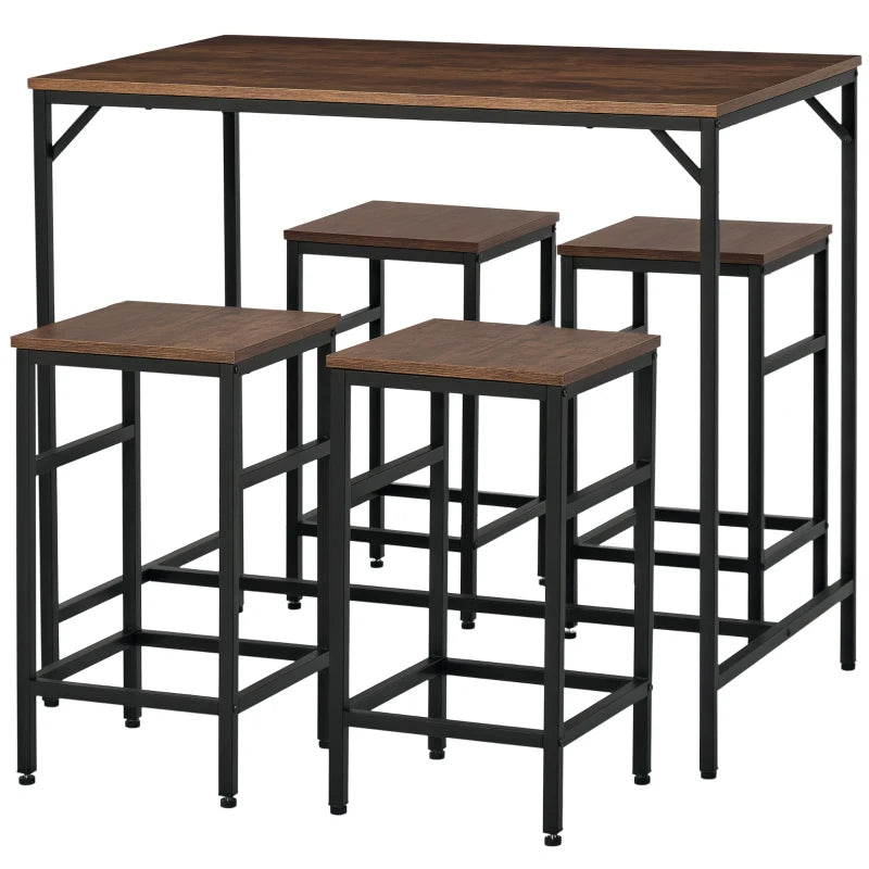 5-Piece Rustic Brown Breakfast Bar Table Set with 4 Stools - Space-Saving Kitchen Dining Furniture for Small Spaces