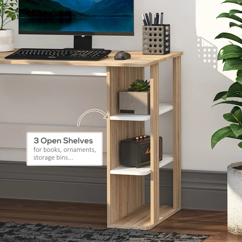 Modern Oak & White Computer Desk with 3-Tier Storage Shelf - Stylish Writing Desk for Home Office & Study