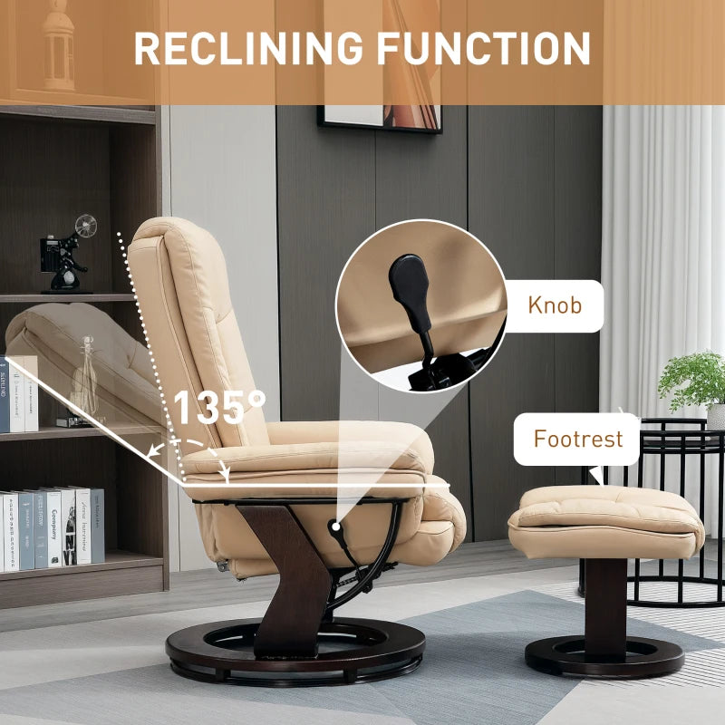 Beige Faux Leather Reclining Chair with Footstool - 135° Adjustable Comfort for Home or Office