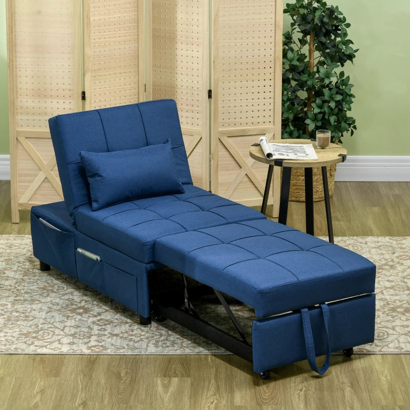 4-in-1 Convertible Chair Bed with Adjustable Backrest, Side Pocket, Wheels and Pillow for Living Room, Blue