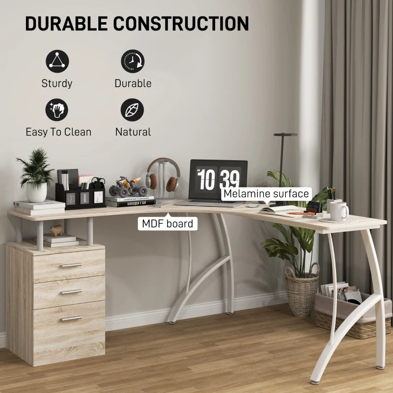 L-Shaped Computer Desk with Storage Drawer - Industrial Home Office Corner Workstation for A4 Files, Oak Finish, 143.5cm