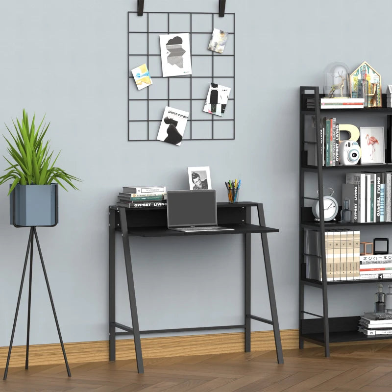 Modern Black Writing Desk - 84L x 45W cm Computer Table for Home Office, PC & Laptop Workstation with Storage Shelf