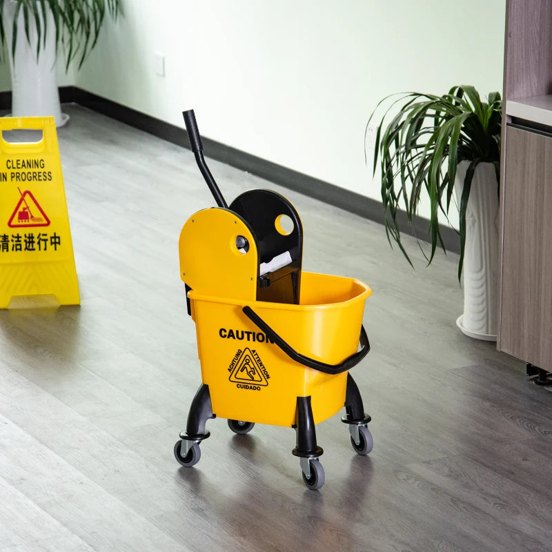 25L Yellow Mop Bucket with Wringer, Wheels & Handle - Heavy Duty Cleaning Tool for Home & Commercial Use