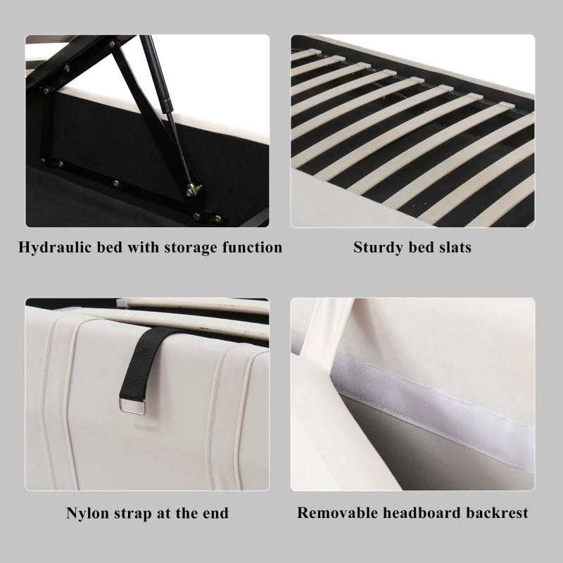 Upholstered Hydraulic Storage Bed with Removable Velvet Headboard - Beige, 210x110x90 cm, Stylish & Functional Bedroom Furniture