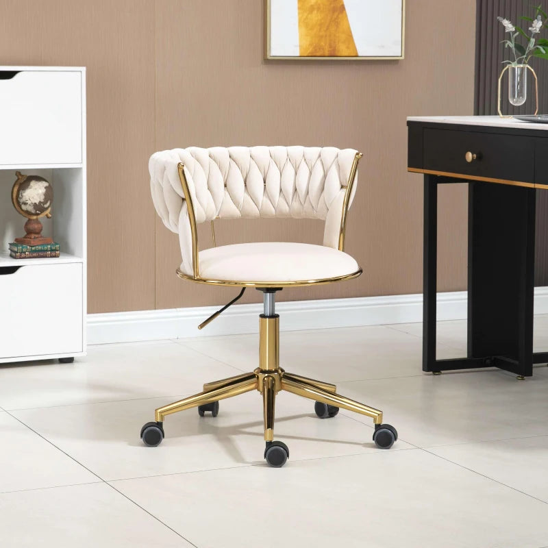 Ivory Velvet 360° Swivel Computer Chair with Backrest, Adjustable Height, 5 Wheels, Stainless Base, 62x62x77 cm