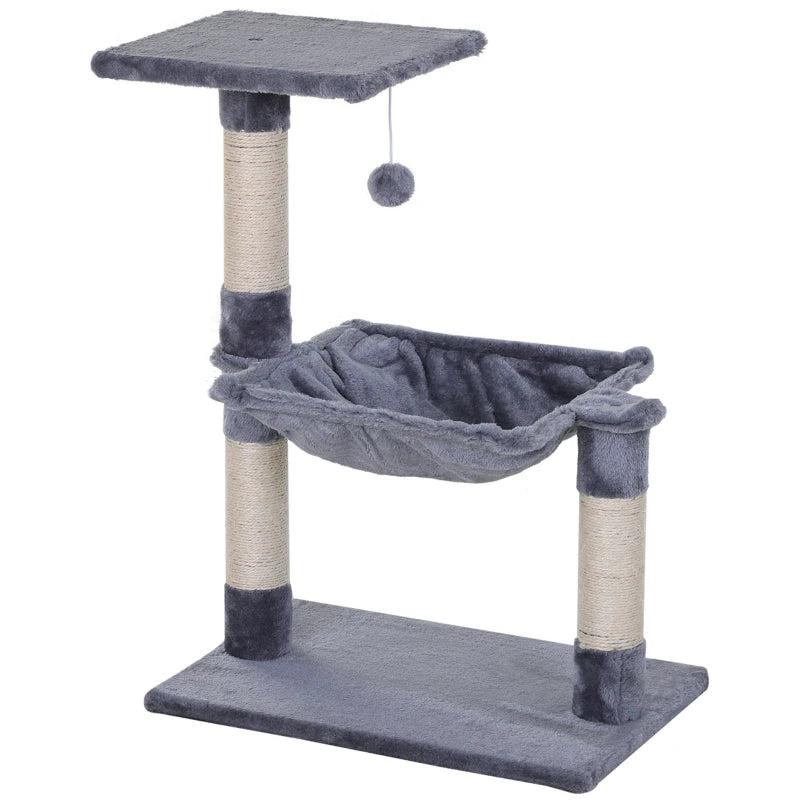Deluxe Cat Scratch Post with Bed & Hammock - Indoor Cat Tree with Sisal Scratching Posts - Grey Kitty Activity Centre