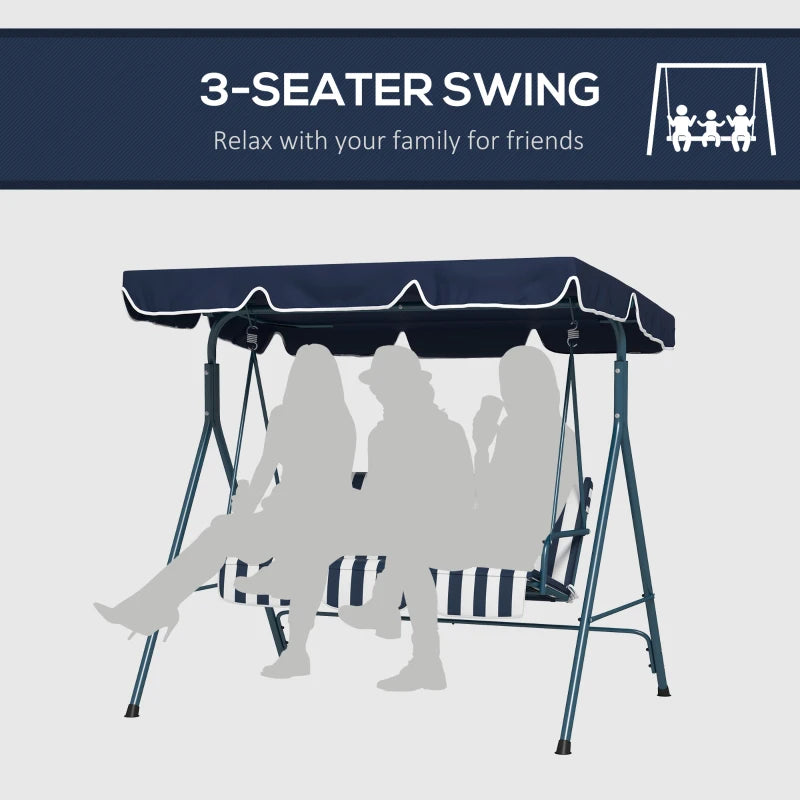 Blue Striped 3-Seater Garden Swing Chair with Adjustable Canopy