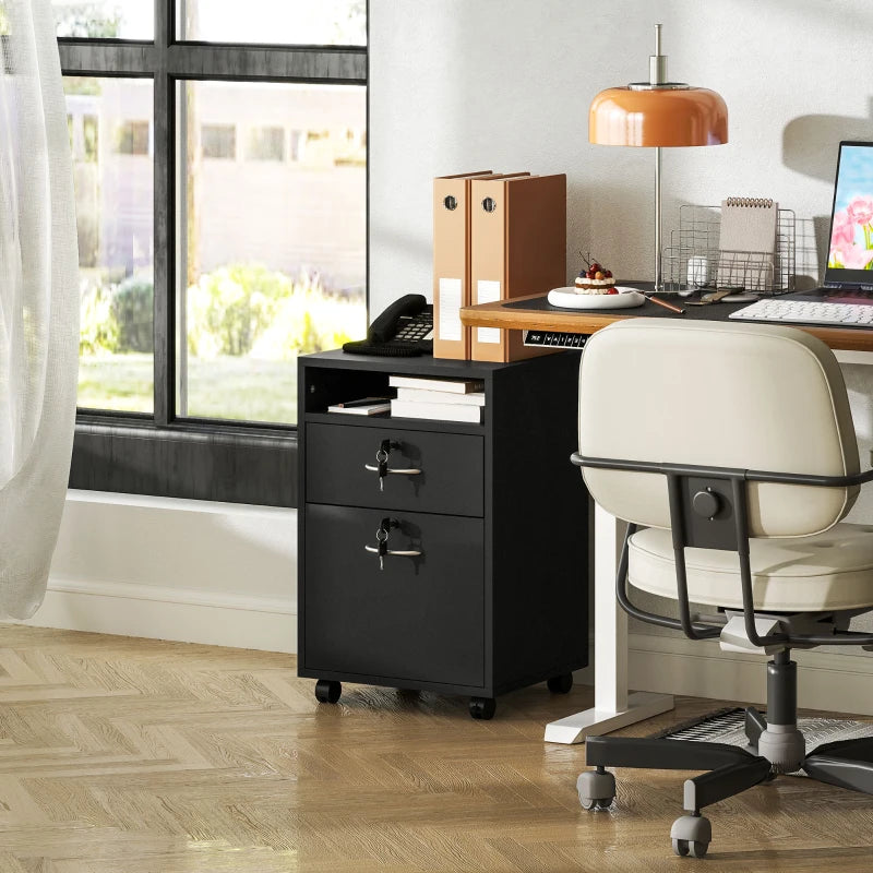 60cm Mobile Filing Cabinet with Drawer & Open Shelf, 4 Wheels, Metal Handles, 2 Locks - Black Office Organizer