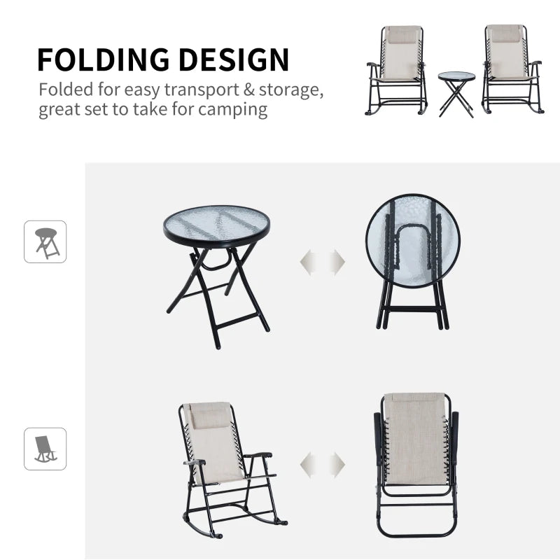Beige 3-Piece Folding Rocking Chair Set with Glass Table - Outdoor Patio Bistro Set