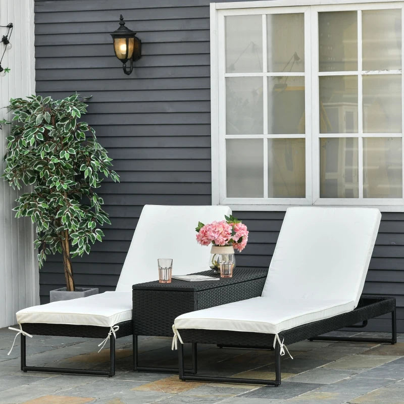 Black Rattan 2-Seat Outdoor Sun Lounger Set with Table
