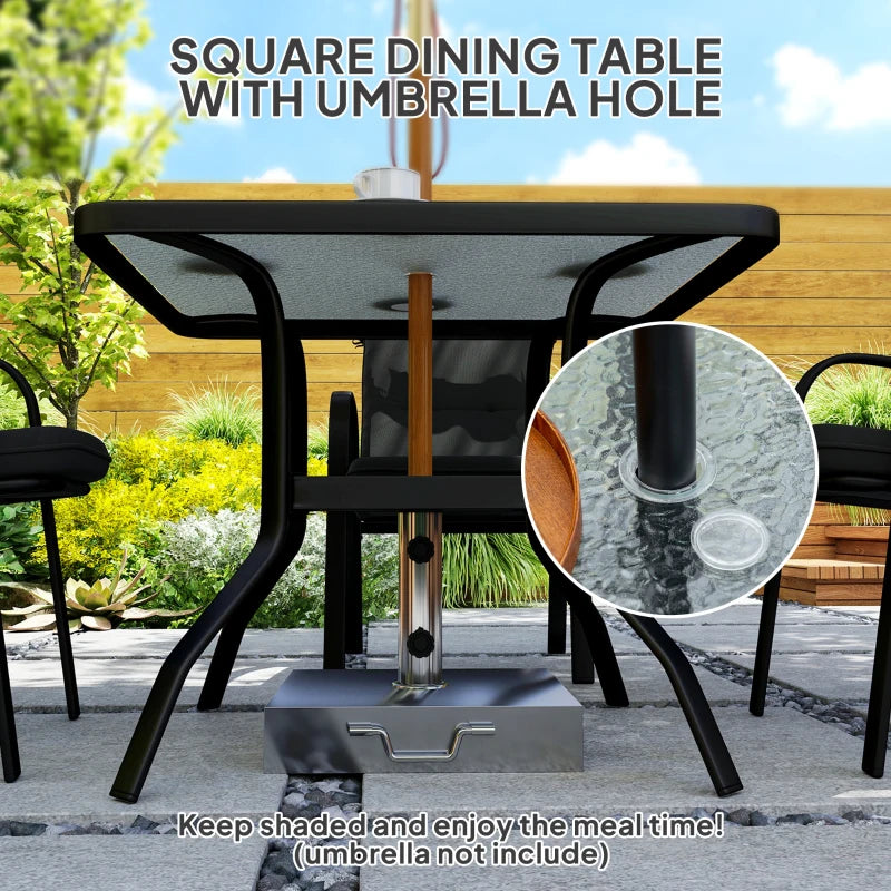 5-Piece Outdoor Square Garden Dining Set with Glass Table & Cushioned Chairs - Black