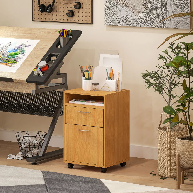 60cm Mobile Filing Cabinet with Drawer & Open Shelf, 4 Wheels, Metal Handles - Natural Wood Finish for Office & Home