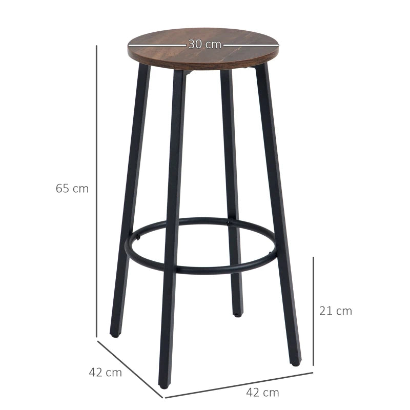 Set of 2 Industrial Bar Stools - 65cm High Rustic Brown Kitchen Chairs with Sturdy Steel Frame