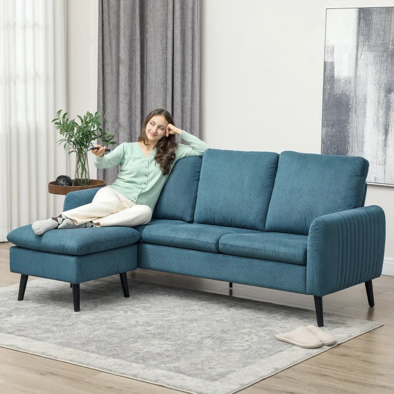 L-shaped 3 Seater Corduroy Sofa with Ottoman and Reversible Chaise for Small Living Rooms, Blue