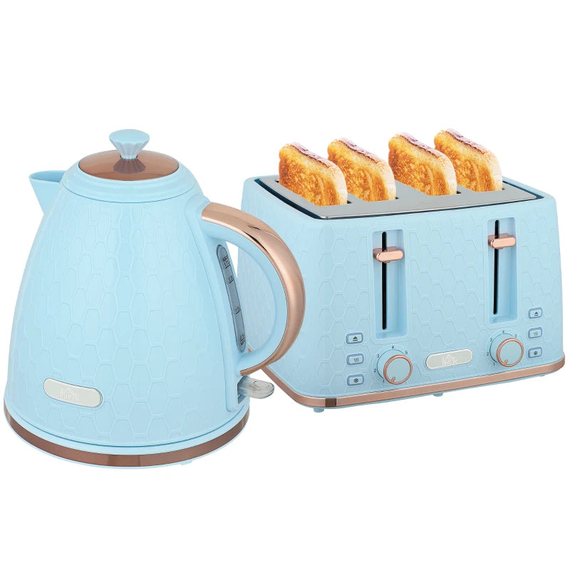 Light Blue Kettle and Toaster Set - 1.7L Fast Boil Jug Kettle & 4 Slice Toaster with 7 Browning Levels