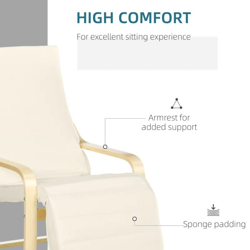 Cream White Wooden Reclining Lounge Chair with Adjustable Footrest and Removable Cushion for Deck Relaxation