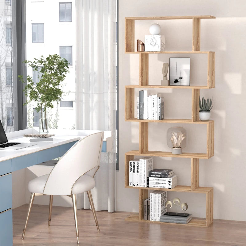 6-Tier S-Shaped Bookcase - Stylish Oak Storage Unit & Display Shelf for Living Room, Bedroom, Home Office, Plants