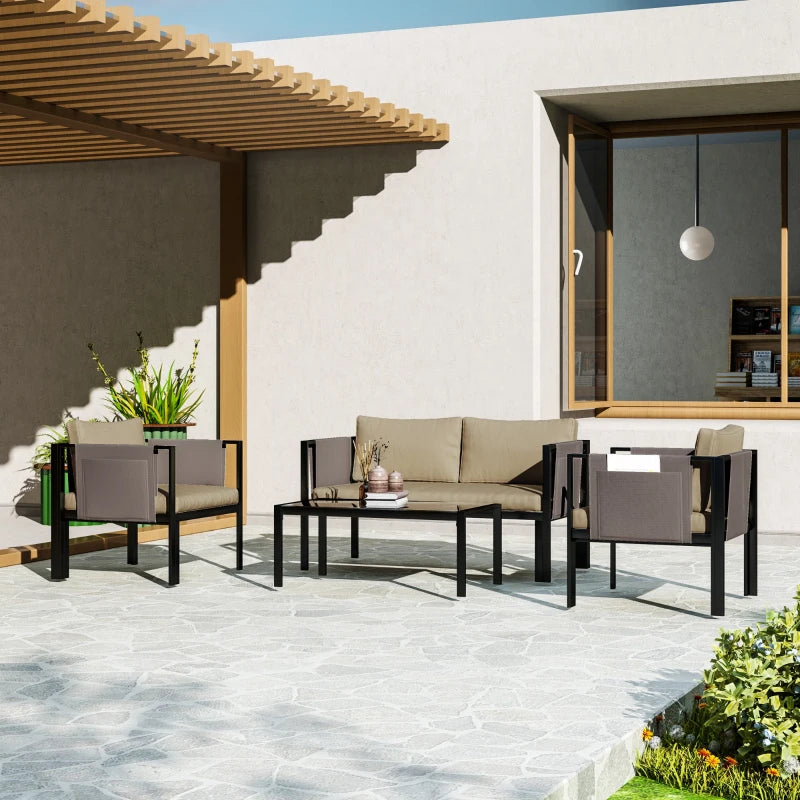 4 Piece Metal Garden Furniture Set with Glass Table and Cushions for Outdoor Relaxation