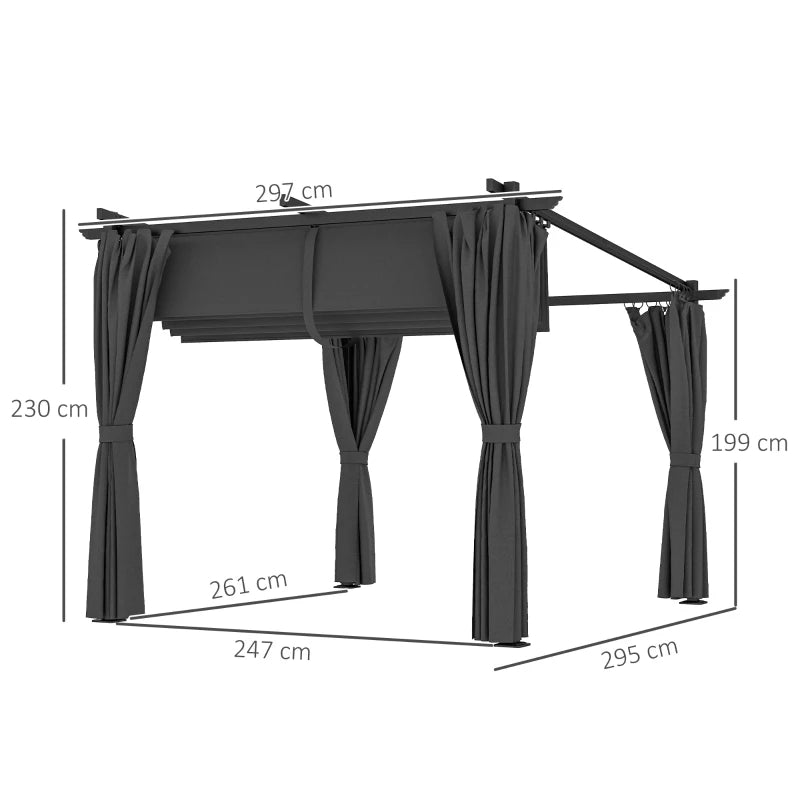 3m x 3m Dark Grey Retractable Roof Pergola with Curtains