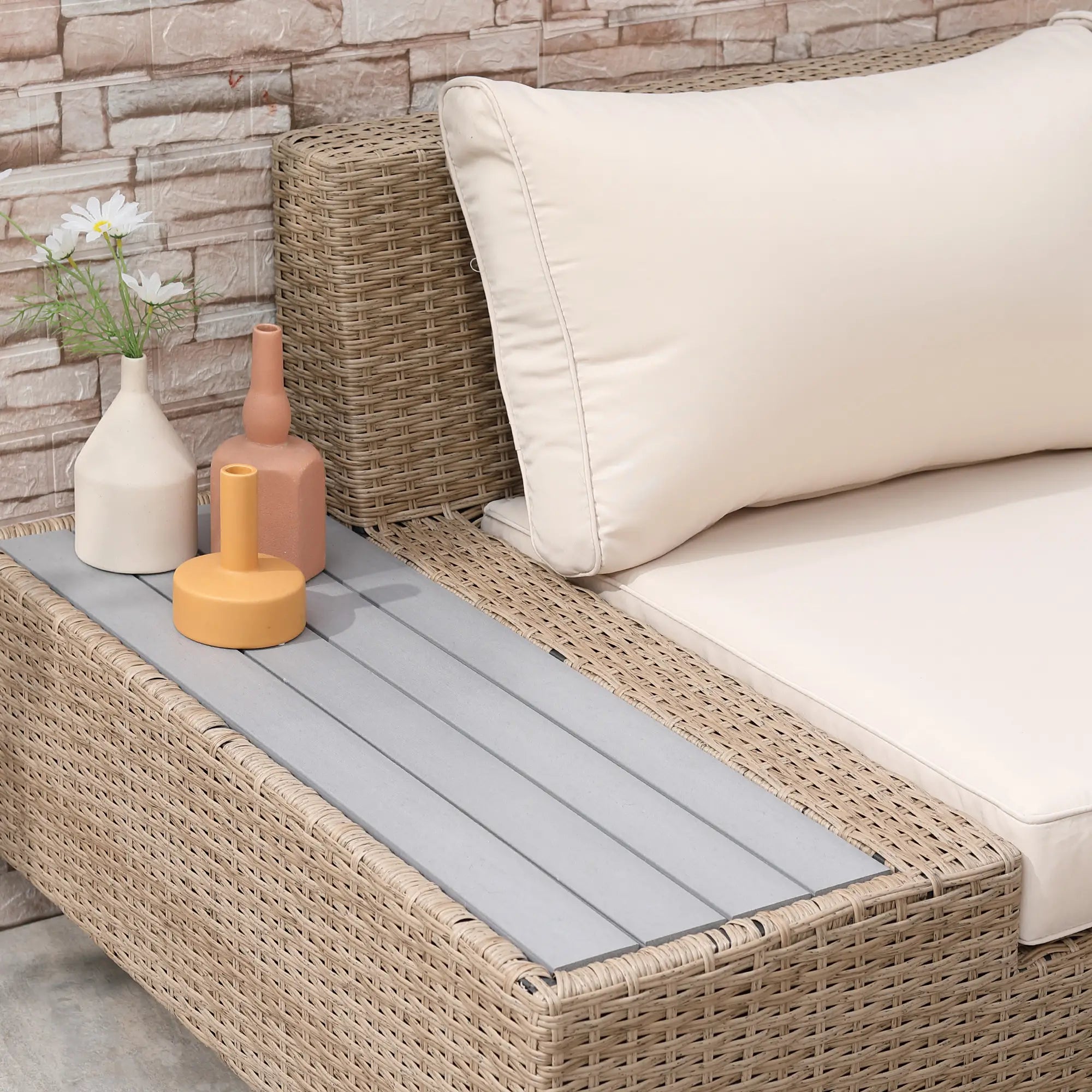 Beige 5 Seater Rattan Corner Sofa and Coffee Table Set