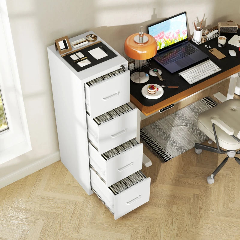 Modern White Four-Drawer Steel Filing Cabinet - Durable Office Storage Solution for Organizing Documents and Files