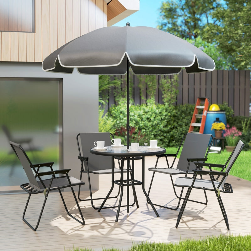 4 Seater Grey Garden Furniture Set - 6 Piece Outdoor Dining Set with Folding Chairs and Round Glass Top Table, Includes Parasol for Patio