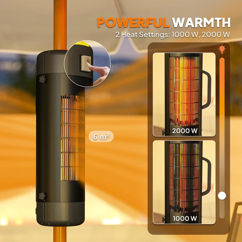 Electric Patio Heater for Umbrellas - 2000W Outdoor Parasol Heater with 2 Heat Settings, 6m Coverage, Tip-Over Protection, Black