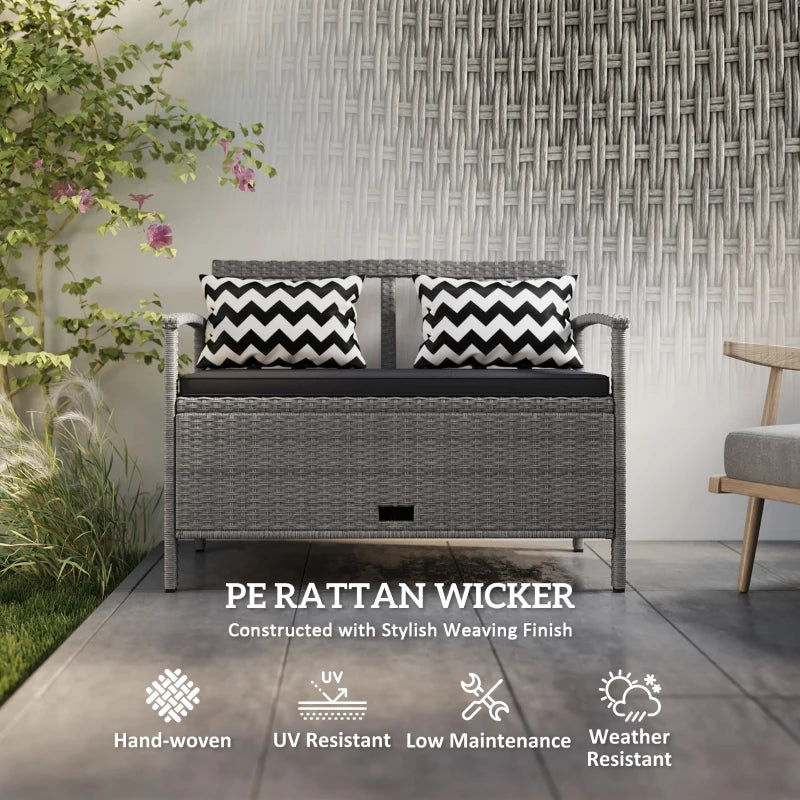 160L Grey Rattan Storage Bench - Two-Seater Outdoor Furniture