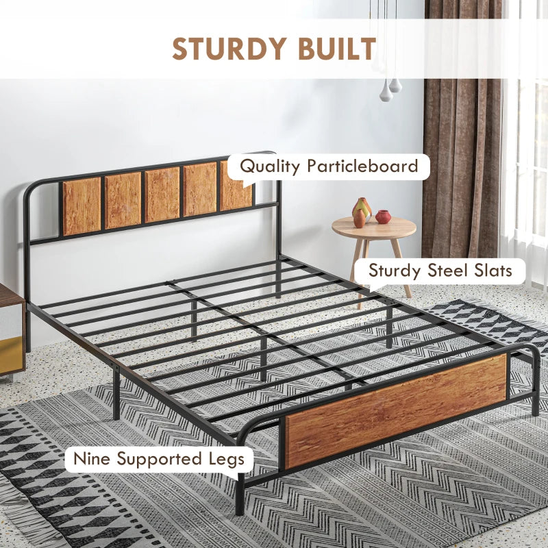 5.2ft King Bed Frame with Industrial Wood Headboard, Steel Slats & 31cm Underbed Storage - Rustic Brown, 160x207cm